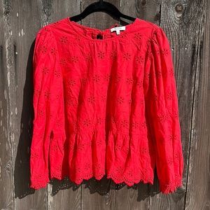Madewell red eyelet peplum top with tie back (L).